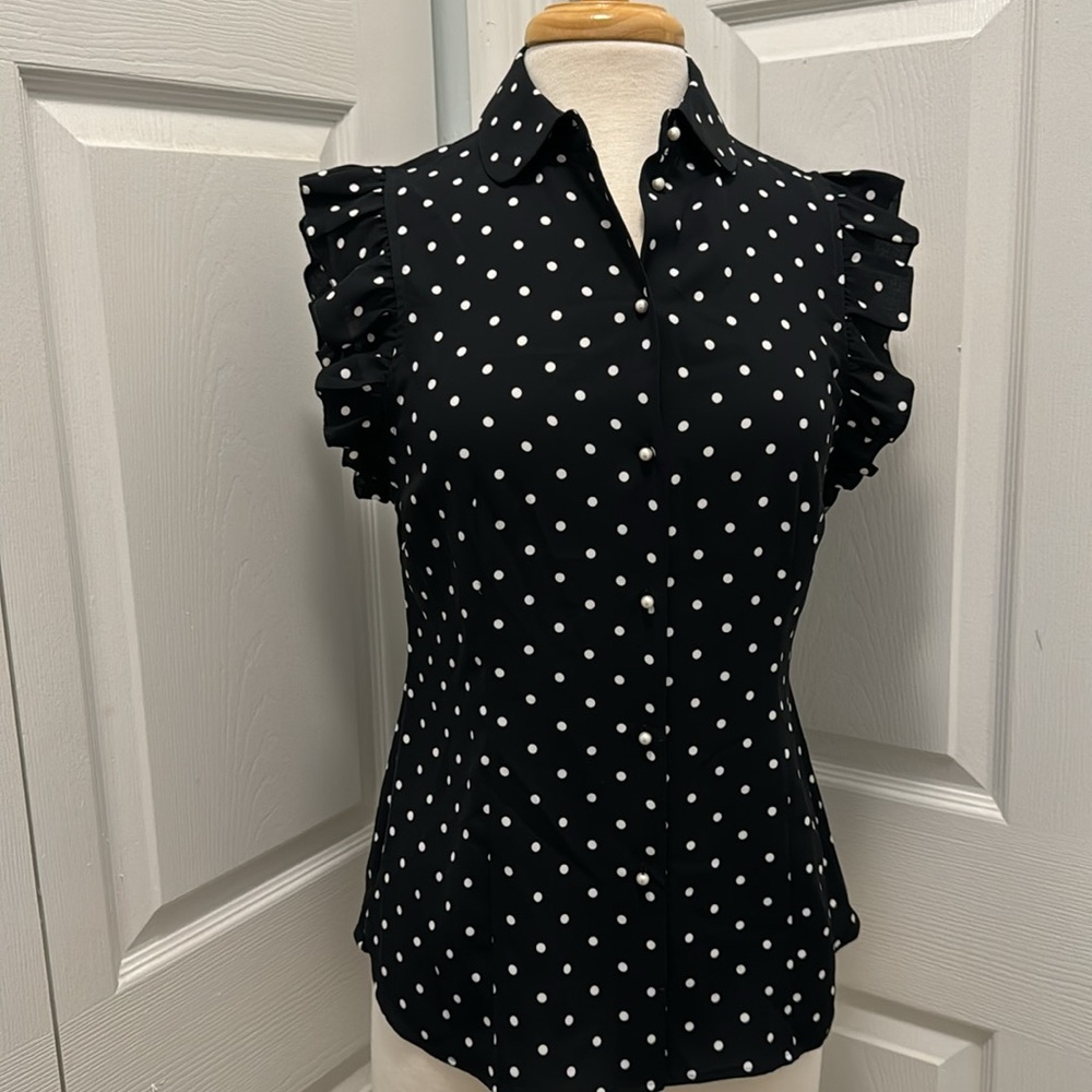 Anne Klein Black White Polka Dot Ruffle Sleeve Blouse Button Front Top